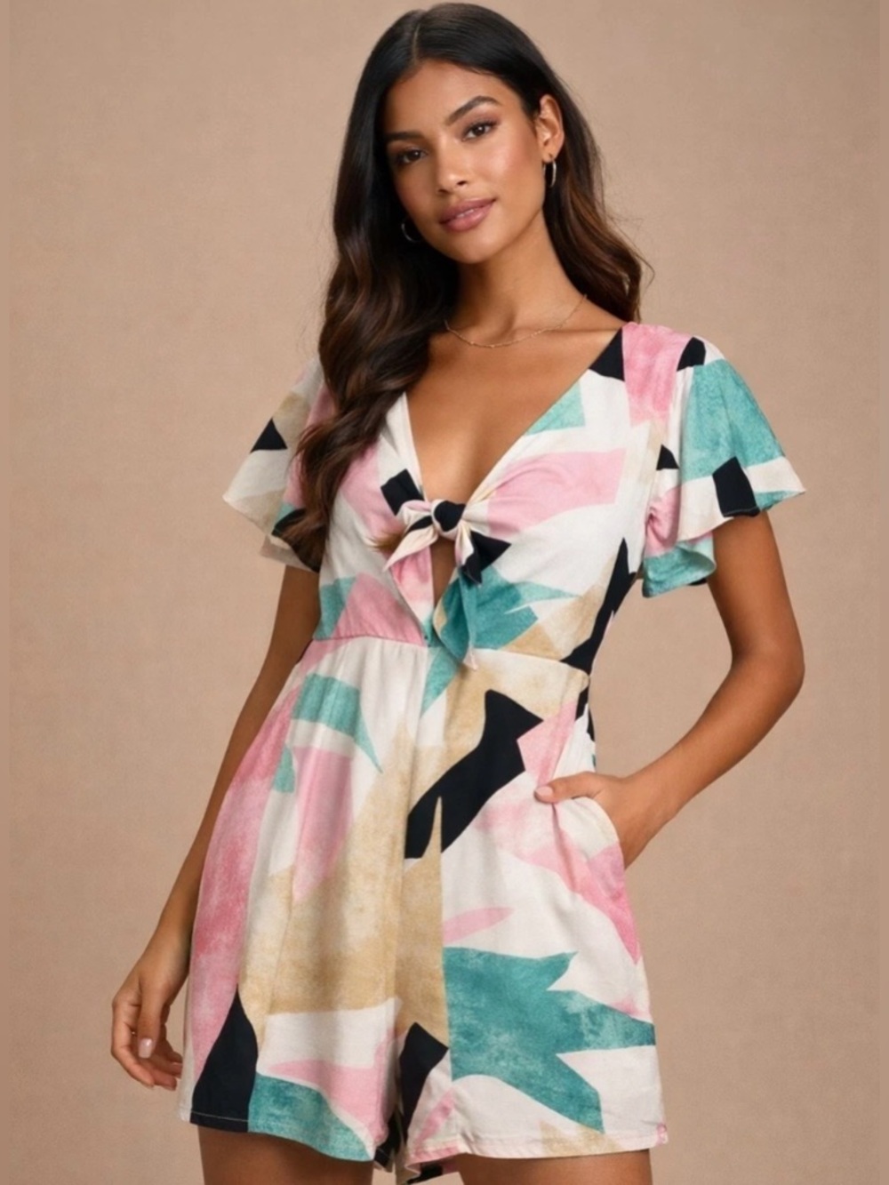 Lulus Abstract Print Tie-Front Mini Romper in Pink, Teal & Black NWT Sz L